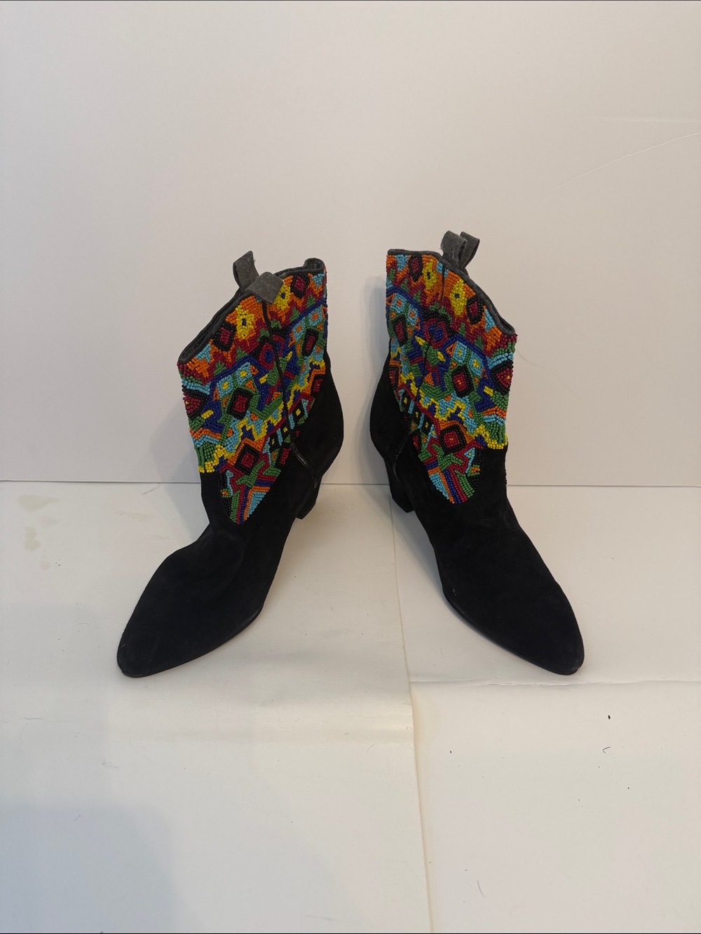 Beverly Feldman Black Suede Ankle Boots with Multicolor Beaded Shaft